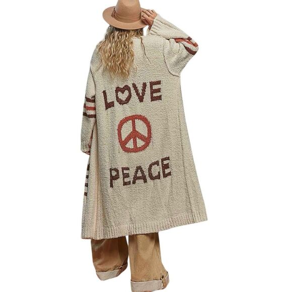 LOVE & PEACE Bohemian Knit Cardigan – Cozy Cream Layers with Vintage Charm POL - Picture 1 of 7